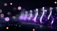 Laboratory glassware with purple lighting and bokeh effects for scientific research and chemistry concepts in modern lab setting.