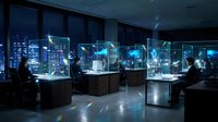 Modern office workspace with multiple employees working at illuminated desks displaying holographic data visualizations and digital interfaces against a nighttime city skyline backdrop.