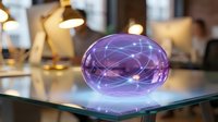 Futuristic holographic sphere with glowing purple network connections floating above glass surface in modern office environment for technology presentations.