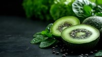 Fresh ripe kiwi fruit cut in half showing juicy green flesh and black seeds on dark stone background with mint leaves, macro food photography.