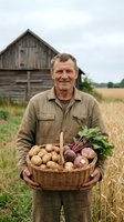 Senior Caucasian farmer holding wicker basket with fresh potatoes and turnips on rural farm with weathered barn background for organic agriculture marketing.