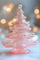 Pink glass Christmas tree decoration with crystal topper and glitter effect against soft bokeh lights and white background, elegant holiday decor piece.
