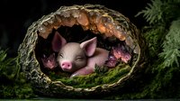 Sleeping pink piglet in magical forest hollow with glowing lights and moss, nestled among green ferns and mystical crystals in dark woodland setting.