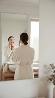 Young woman in white bathrobe applying skincare cream in modern bathroom mirror reflection for morning beauty routine and self-care wellness ritual.