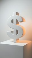 White dollar sign symbol standing on cubic pedestal with warm golden side lighting and soft shadows, suitable for finance, business, investment, and economic concepts.