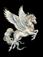 Ornate winged horse with flowing mane and tail in gold and blue tones, isolated on transparent background. Ready for t-shirts, stickers, clipart, and print-on-demand designs.