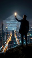 Businessman holding glowing light bulb overlooking night city skyline with innovation planning financial stability holographic display for business concepts.