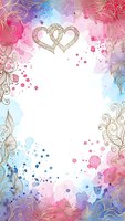 Watercolor frame with intertwined hearts and ornate swirls in pink, purple and blue tones. Romantic border design for wedding invitations and love cards.