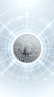 Silver bitcoin coin surrounded by futuristic digital interface with glowing circular elements and binary code for cryptocurrency technology concepts.