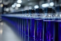 Glass vials containing bright blue liquid arranged in rows in laboratory setting, selective focus on transparent containers with bokeh background effect.