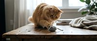 Ginger tabby cat playing with a small mouse toy on wooden table near window with natural light and home decor.