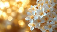 White plumeria flowers against golden bokeh background, soft focus close up view creates dreamy tropical atmosphere with delicate petals and warm lighting.