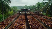 Fresh coffee cherries drying on raised beds at plantation surrounded by palm trees and tropical vegetation in traditional processing facility.