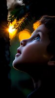 Young boy gazing upward at sunset through pine branches, face illuminated by golden light, capturing wonder and curiosity in dramatic side profile.