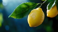 Fresh yellow lemons hanging on tree branch with green leaves and water droplets in natural sunlight for organic citrus fruit harvest concepts.