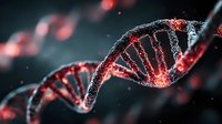 DNA double helix structure with glowing red particles on dark background for genetic research and biotechnology concepts.