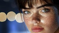 Young woman with glowing golden glitter makeup on face against blurred bokeh lights background, featuring natural freckles and luminous green eyes.