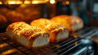 Fresh baked bread loaves with golden crust and sesame seeds cooling on wire rack in bakery, warm lighting creates appetizing glow on artisanal breads.