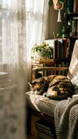 Cozy calico cat sleeping on vintage chair in sunlit reading nook with books and houseplants creating warm domestic atmosphere for home decor concepts.