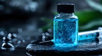 Small glass bottle with sparkling blue liquid and bubbles on dark stone surface against blurred background, dramatic lighting creates scientific atmosphere.