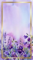 Watercolor floral frame with lavender and iris flowers in purple and blue tones, gold border, soft gradient background. Suitable for invitations, greeting cards, and design projects.