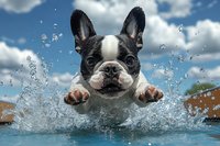 French bulldog jumping in water with splashing droplets against blue sky with white clouds, capturing dynamic motion and playful expression.