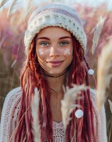 Young woman with red dreadlocks wearing knit winter hat and sweater smiles warmly among autumn reeds, face decorated with white dots, natural outdoor portrait in soft light.