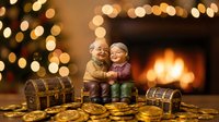 Elderly couple figurines sitting together with treasure chests and gold coins by warm fireplace with Christmas tree bokeh lights creating cozy holiday atmosphere.