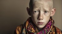 Young albino African boy with colorful traditional scarf portrait against neutral background showcasing genetic diversity and cultural heritage in studio lighting.