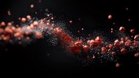 Abstract composition with flowing red spheres and particles creating dynamic motion trail against black background, dramatic lighting effect highlights depth and movement.