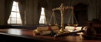 Golden scales of justice with gavel and legal documents on wooden desk in elegant courtroom setting with warm natural lighting for legal services.