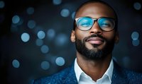 Confident African American businessman wearing glasses smiles against blurred bokeh background, showcasing professional success and leadership in corporate setting.
