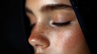 Close up portrait showing natural freckles and glowing skin texture on young Asian woman's face with closed eyes, side view against dark background.