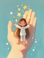 Young girl in star-patterned pajamas standing on giant protective hand reaching toward magical floating stars against turquoise background, whimsical children illustration.