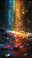 Magical light rays and sparkles reflecting on wet surface with colorful bokeh effect creating dreamy atmosphere for fantasy and abstract backgrounds.