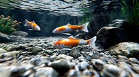 Koi fish swimming in clear aquarium water with natural stone bottom and aquatic plants. Underwater view captures orange and white fish in graceful motion.