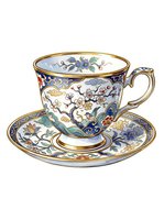 Ornate porcelain teacup and saucer set with hand-painted floral motifs, gold trim, and decorative scrollwork. Isolated on white background, ready for design use.