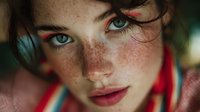 Close-up portrait of young woman with freckles, green eyes, and dark curly hair wearing colorful scarf, captured in soft natural light.