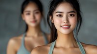 Young Asian woman with natural makeup and gentle smile wearing sporty top, blurred female figure in background. Studio portrait with soft lighting and bokeh effect.