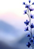 Delicate blue flowers on blurred pastel background with soft gradient from pink to blue tones, creating serene and romantic atmosphere for greeting cards.