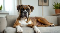 Boxer dog with white and brown coat lying relaxed on gray couch in modern living room interior with natural light and houseplants in background.