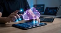 Professional using tablet with glowing cloud computing hologram for data storage and digital technology solutions in modern office workspace.