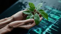 Hands gently holding fresh green plant with water drops against digital technology background, representing sustainable innovation and eco-friendly future.