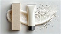 Luxury cosmetic foundation tube with creamy beige texture swirl and powder particles on neutral background for beauty and skincare branding.