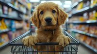 Golden retriever puppy with paws on shopping cart handle looking at camera in pet store aisle, soft focus background creates engaging pet shopping experience.