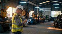 Industrial worker in safety vest using tablet computer in manufacturing facility warehouse for quality control and inventory management operations.