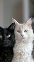 Black and white cats sitting together, contrasting fur colors highlight their striking features and piercing eyes, creating dramatic portrait of feline companionship.