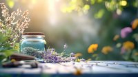 Vintage blue mason jar with fresh lavender sprigs on rustic wooden surface, soft sunlight and bokeh garden background creates dreamy summer atmosphere.