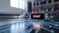 Glowing circuit board paths lead to illuminated START button on dark background with blue technology lines spreading across surface. For business concept designs.