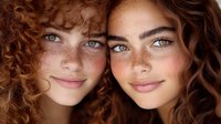 Two young women with curly auburn hair and freckles smiling together in close portrait showing natural beauty and friendship bond for lifestyle content.